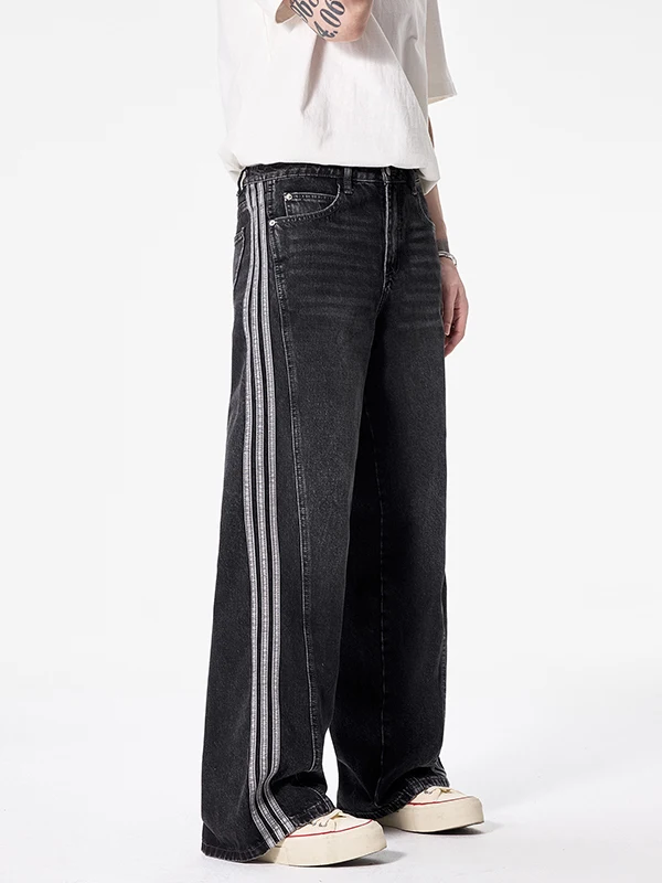 

Retro American Waed Striped Men's Jeans Loose Straight Leg Wide Leg Pants Casual Faion Urban Wear Youth Cotton Denim