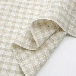 140x45cm Cotton Linen Fabric Vintage Beige Plaid Checkered Woven Dress Skirt Tablecloth for Table Upholstery DIY Sewing Fabric