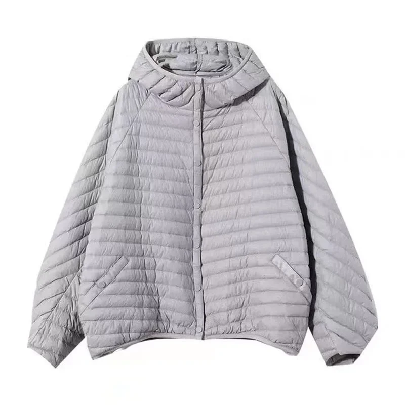 Women Ultralight White Jacket with Hood Over Size Loose Casual Autumn Winter Outwear Coat 2024 New