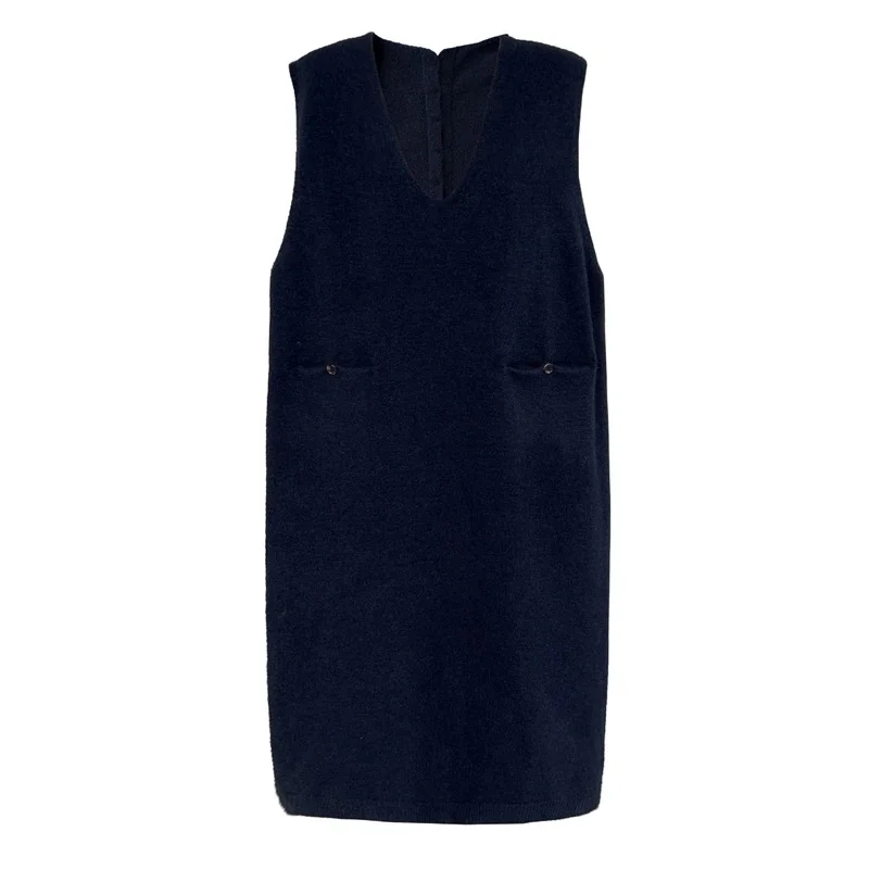 Vestido colete de malha feminino decote em v profundo fino preto com bolso grande inverno aconchegante em camadas midi para trabalho, casa, presente de feriado