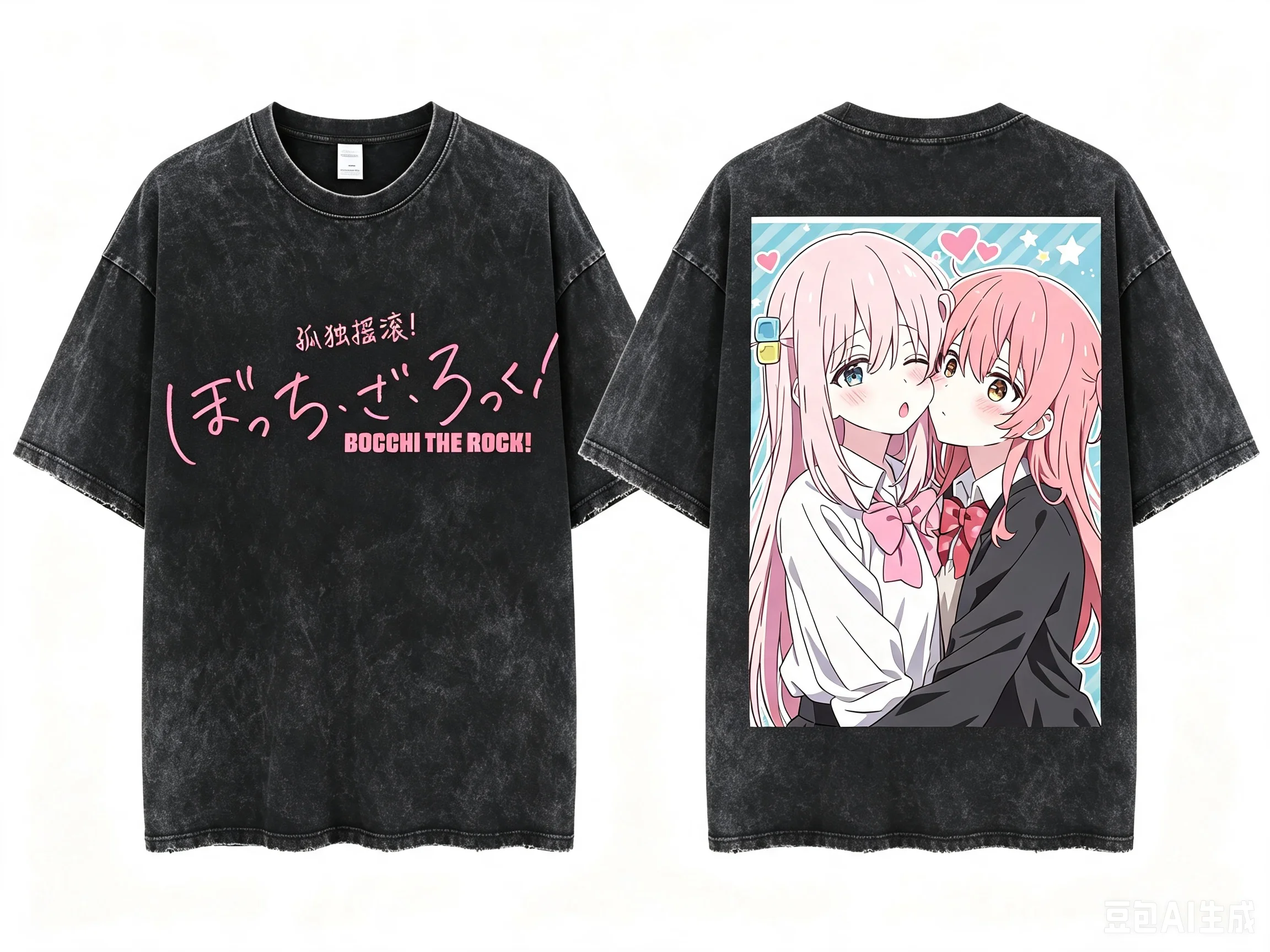 Hitori Gotoh & Ikuyo Kita Bocchi The Rock! School Uniform Hug Double Sided Graphic Washed Crew Neck Women And Men T-shirt