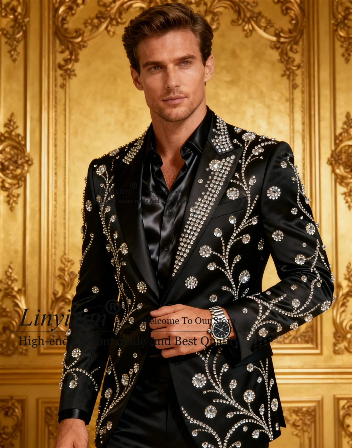 

Роскошные мужские костюмы с орнаментом и бриллиантами, свадебные смокинги по индивидуальному заказу, комплекты из 2 предметов, облегающие мужские пиджаки для жениха, костюм для вечеринки Homme