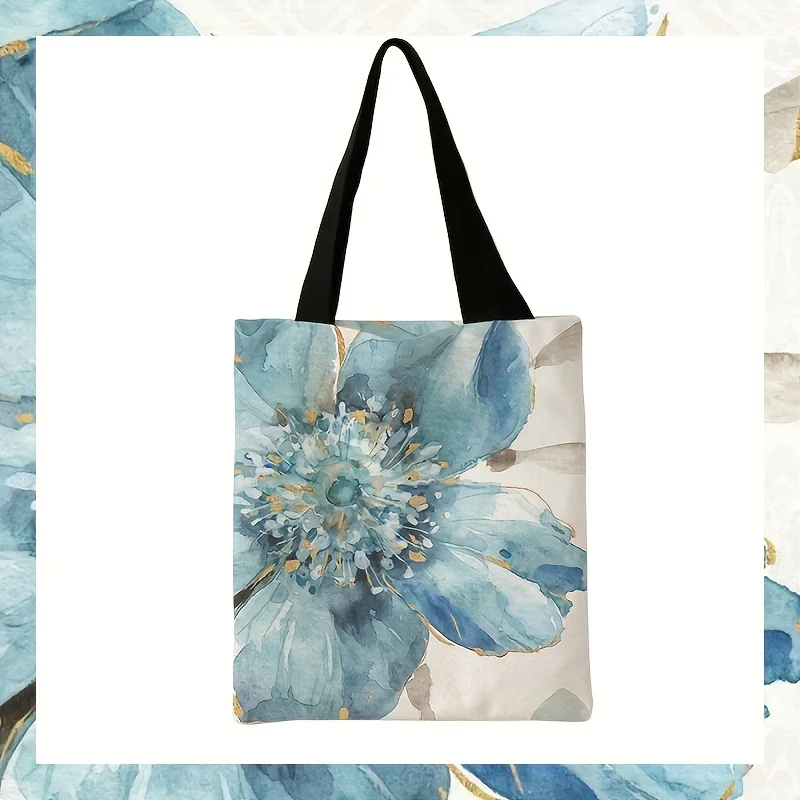 Floral Print Tote Bag for Women - Large Capacity Reusable Multifunctional Shoulder Bag with Blue & Golden Watercolor Design