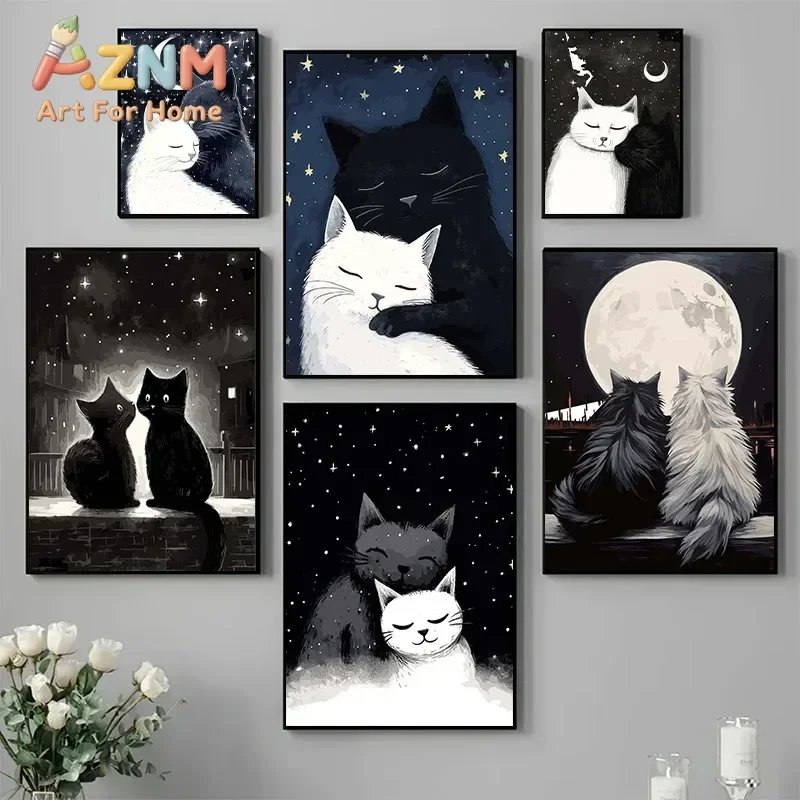 Lovely Black and White Cats Embrace Under The Moon Wall Art Print Canvas Painting Posters for Living Room Modern Home Decor