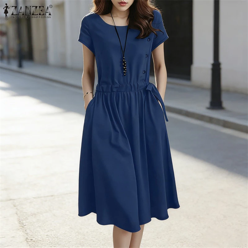2026 Sommer Einfarbiges A-Linien-Kleid ZANZEA Damen Lässiges O-Ausschnitt Kurzarm-Sommerkleid Elegantes Arbeitskleid mit Kordelzug-Taille Midi-Robe