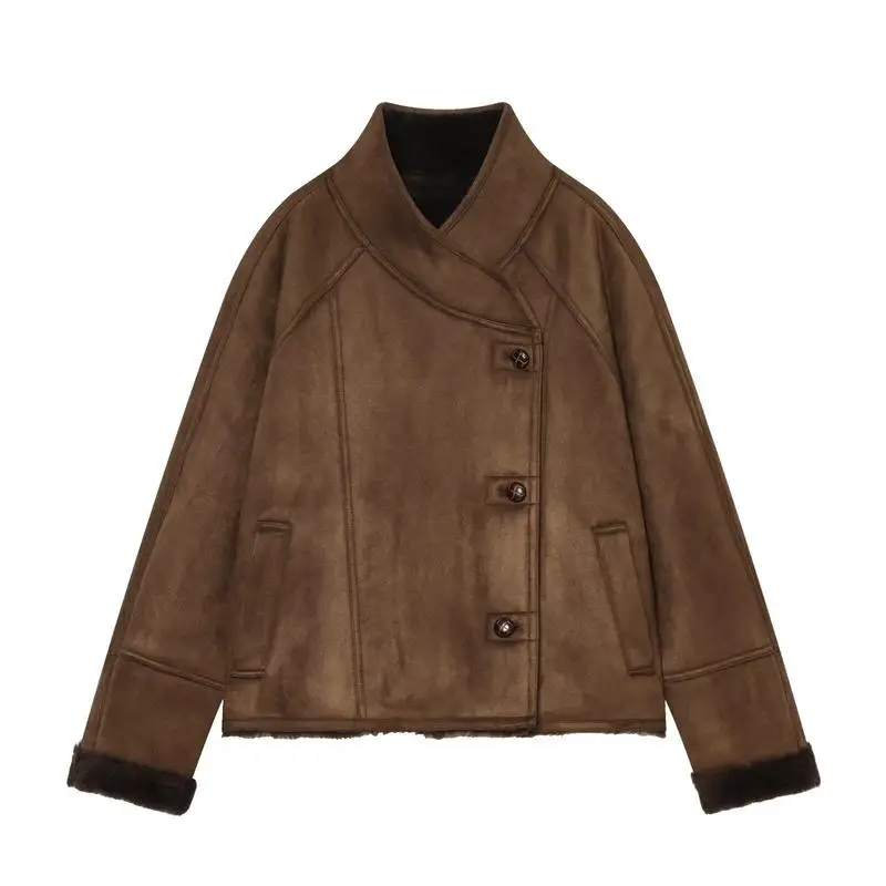 Women Vintage Faux Leather Jacket Asymmetrical Button Coat Faux Fur Cuffs Brown Distressed Biker Jacket Autumn Winter Outerwear