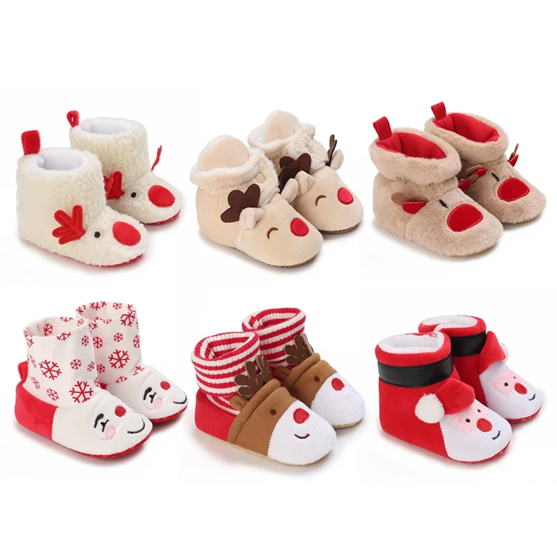 Christmas Infant Newborn Booties Santa Foot Socks Baby Boots Cute Cartoon Winter Warm Slippers Anti-Slip Shoes