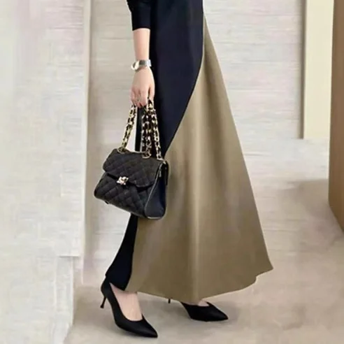 컬러 블록 A라인 미디 드레스 긴 소매 라운드 넥 기본 스커트 봄 여성 우아한 면 폴리에스터 트리아세테이트 섬유