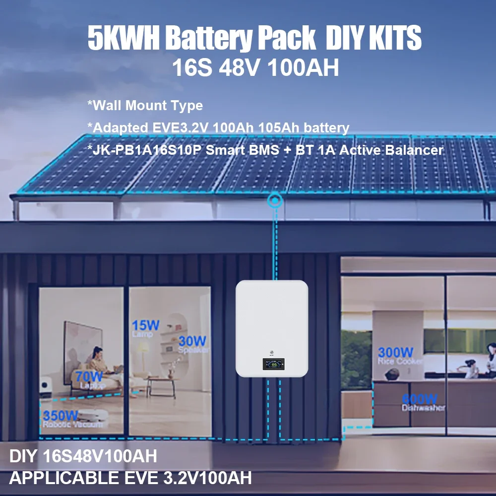 

5KWH Kits Lifepo4 battery 48V100AH 105AH Battery Pack JK-PB1A16S10P Smart BMS 1A Active Balancer Wall Mounted Without Battery