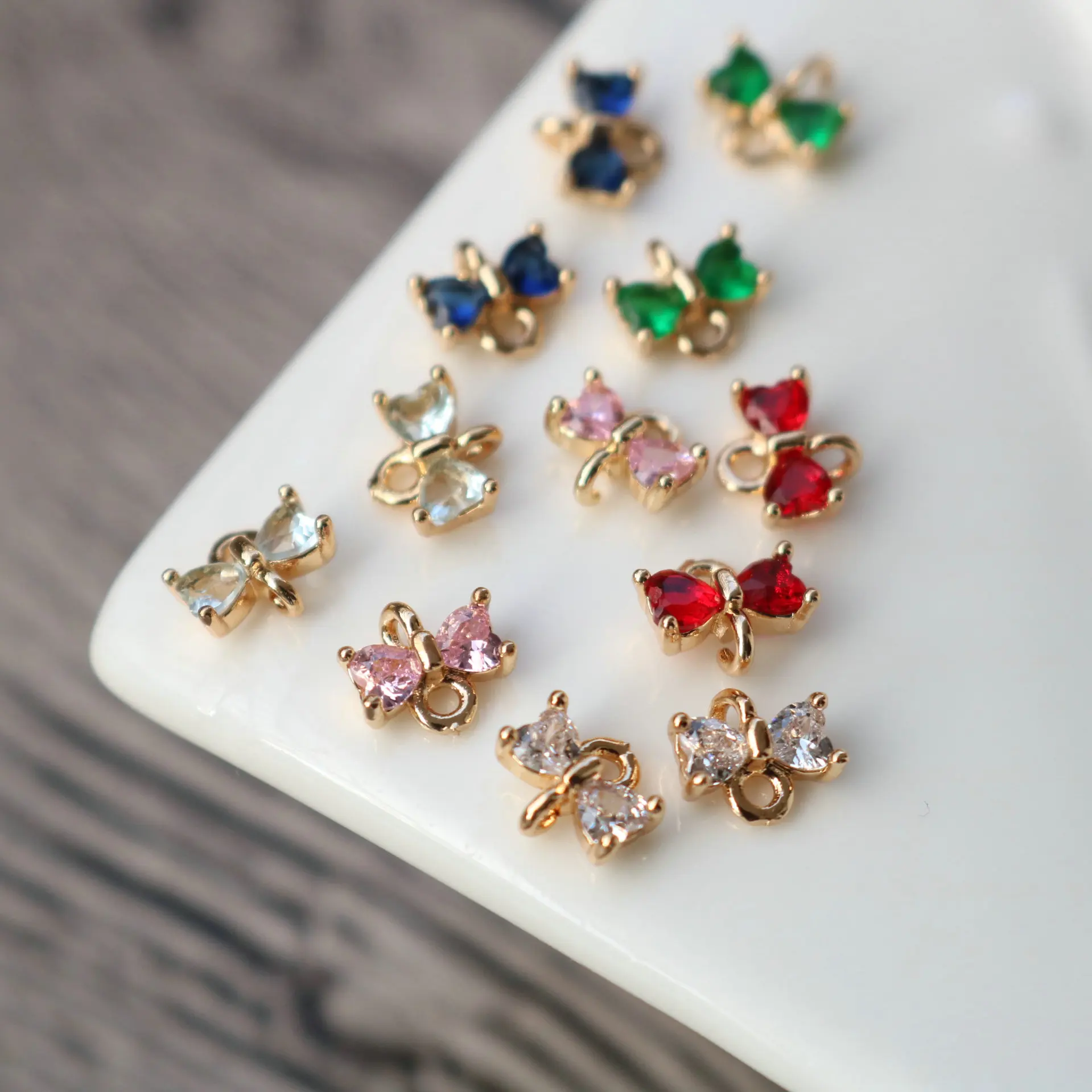 20pcs/ Bag Gilded zircon mini compact heart-shaped bow double ring connector DIY jewelry making accessories