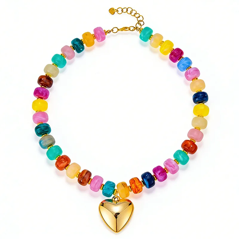 

Chunky Heart Necklace for Women Colorful Acrylic Beaded Statement Puff Heart Necklace Cute Boho Necklace for Gift Jewelry