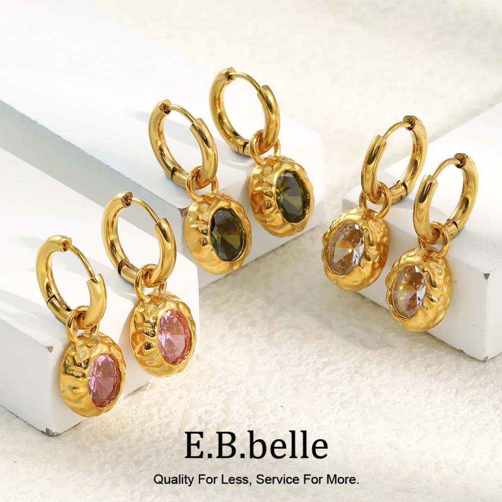 E.B.belle Colorful Zircon Stone Hoop Earring Hammered Pattern Oval Earrings Stainless Steel Gold Plated For Women's Gift