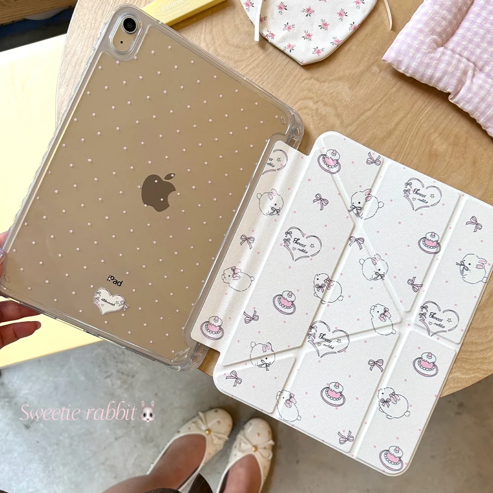 Korean Round Rabbit Heart Wave Point Y2K Cover For iPad Pro 13 11th M5 M4 12.9 A16 10 8 7 9th 10th Air 11 M2 M3 Mini Tablet Case