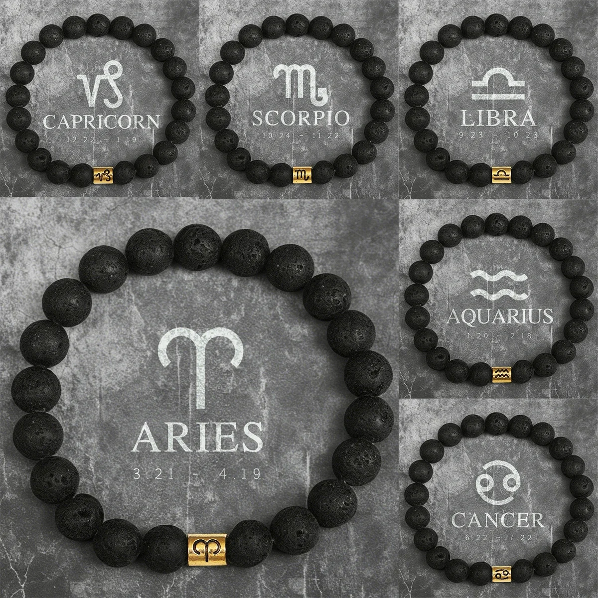 Natural Volcanic Stone Men's Bracelet 12 Zodiac Bracelets Taurus Capricorn Pisces Aquarius Sagittarius Cancer Pulseras Hombre