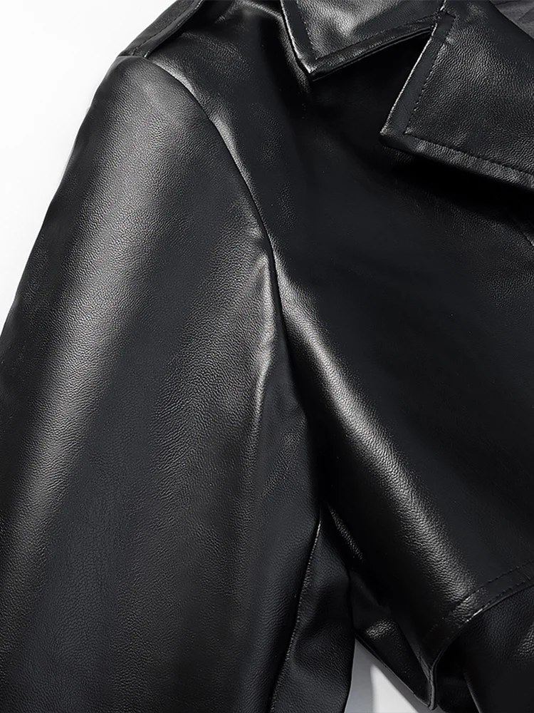 欧米風秋冬新作レディース長袖ラペルゆったりベルト付きロングイミテーションレザートレンチコート