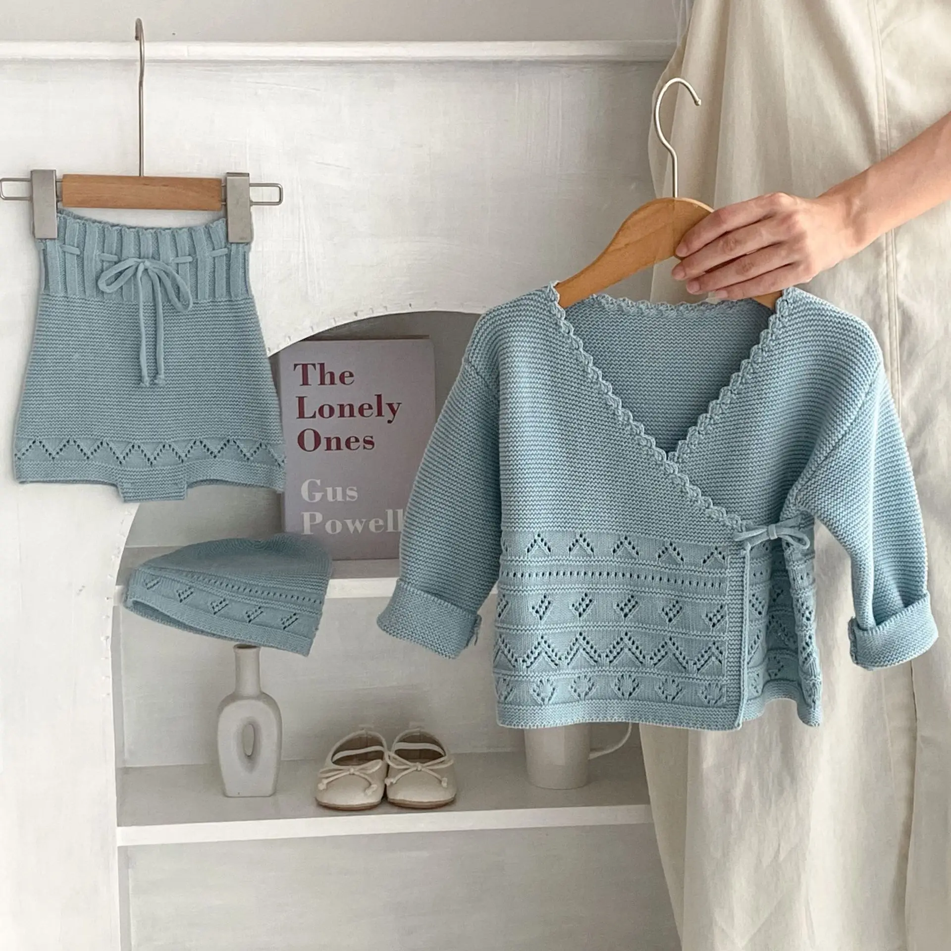 2024 Spring Autumn Baby Girls 3PCS Clothes Set Cotton Knitted Long Sleeve Coat Lace-up Shorts Hat Suit Toddler Girls Outfits