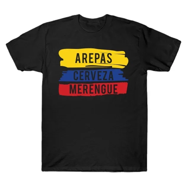 Arepas, Cerveza, Merengue. Camiseta única con bandera colombiana, 100% algodón, cuello redondo, manga corta, camiseta informal de verano para hombre, ropa de calle