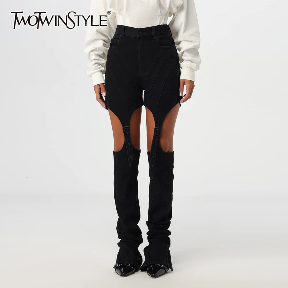 TWOTWINSTYLE Solid Slimming Jeans For Women High Waist Patchwork Pocket Hollow Out Designer Long Pants Female Fashion New Style