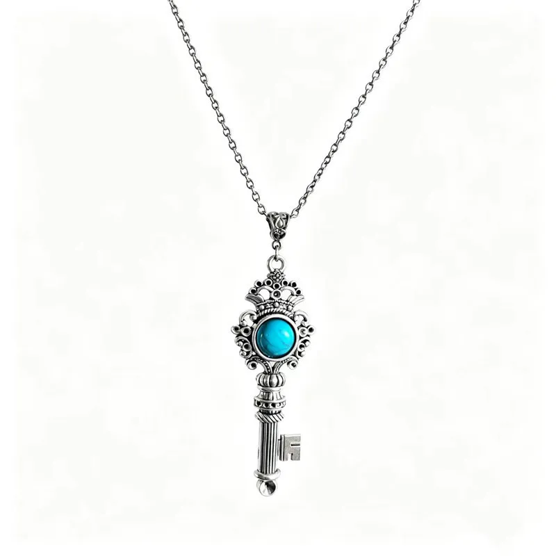 Stainless Steel Design Retro Sense Natural Stone Healing Crystal Key Pendant Necklaces for Women Party sweater chain Jewelry