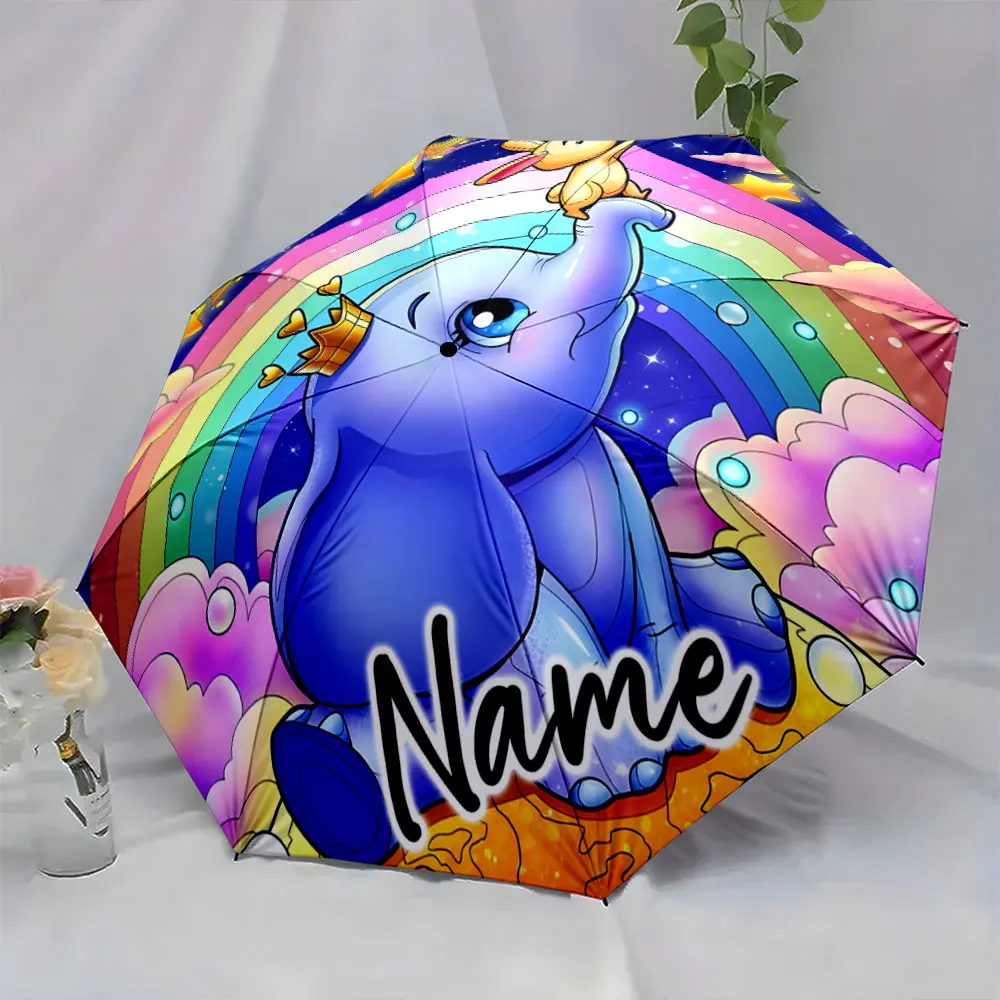 Custom Name  Cute Elephant and Rainbow Printed Umbrella Print 8 Iron Ribs Folding Umbrella Auto-Open Fashion Sunshade