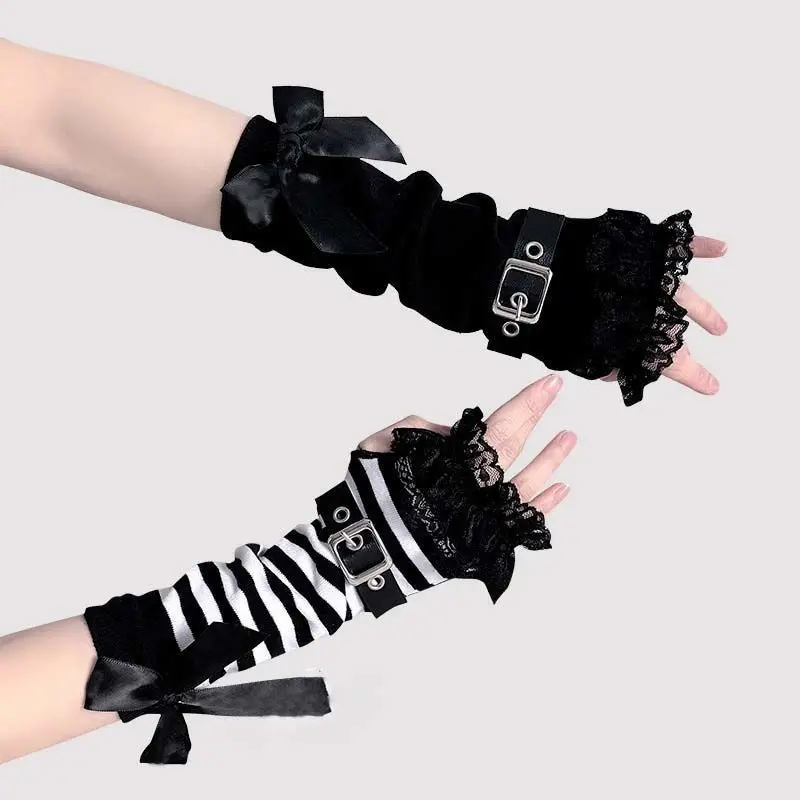 Women Men Gothic Lolita Glove Arm Cover Harajuku Arm Warmers Striped Fingerless Punk Long Wristband Fashion Y2K Girls Gloves