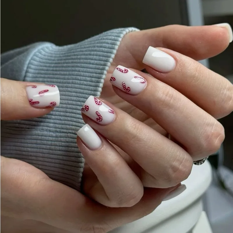 

24Pcs Fake Nails Short Style Christmas Pure White Candy Cane Press-On Nail Tips Perfect Gift for Girls and Friends