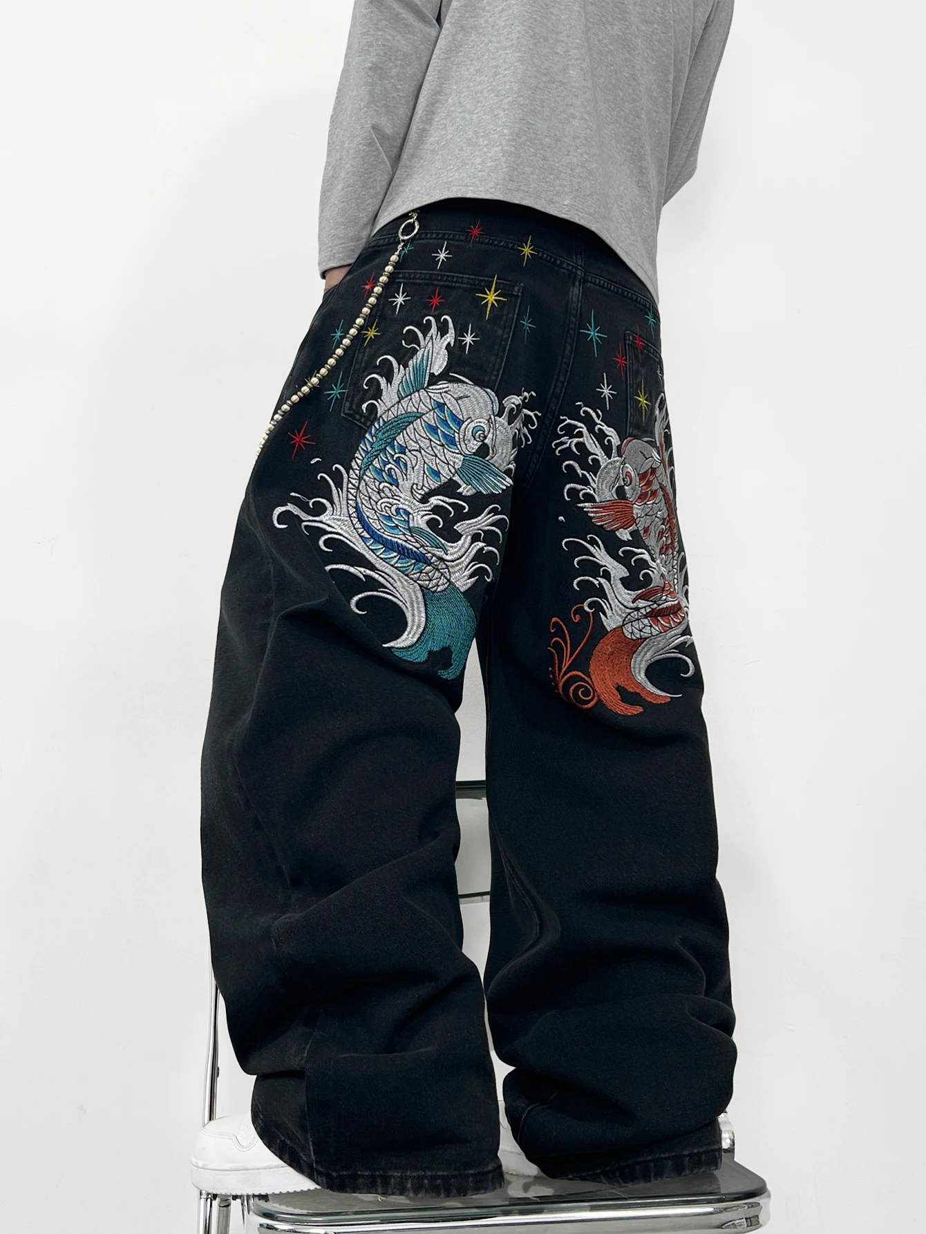 American High-Street Double Koi Embroidery Black Versatile Baggy Jeans Men Y2K Street Fashion High-Quality Design Wide-Leg Pants