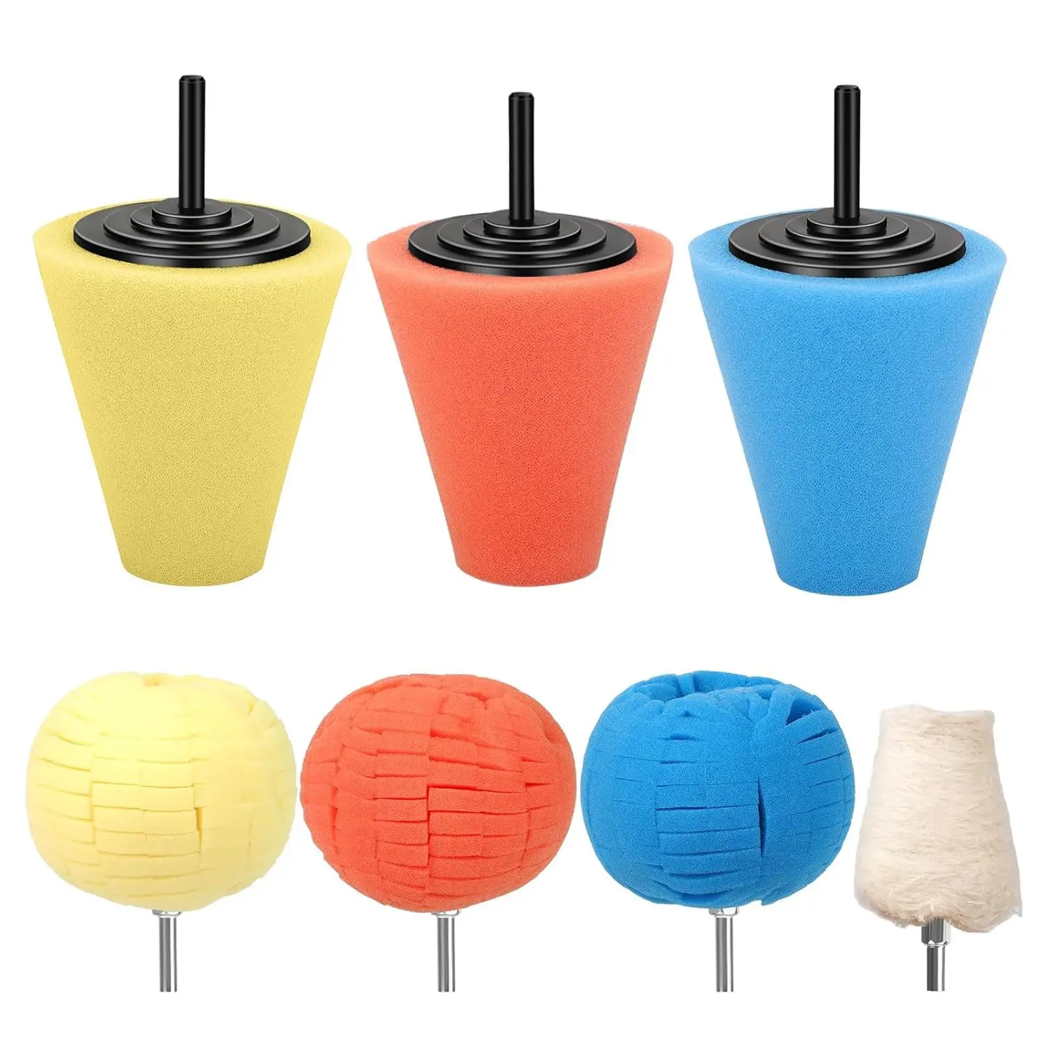 

7PCS Car Wheel Hub Drill Buffing Sponge Pads Kit, 1/4' Cone Metal Polish Pads