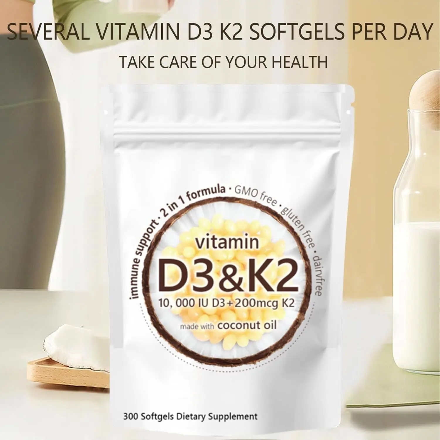 Supplement Softgel, Vitamin D3 K2 10000 IU with 200 mcg Vitamin K2 (MK-7), Vitamin D3 K2 10000 Iu with Coconut Oil,300 Gels