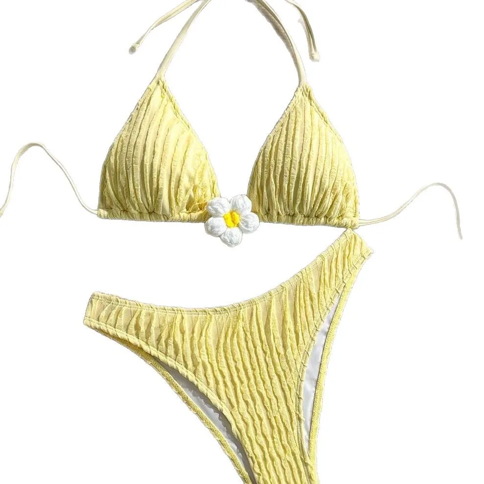 2025 new model, European and American sexy solid color small flower thin suspender three-point bikini swimsuit bikini