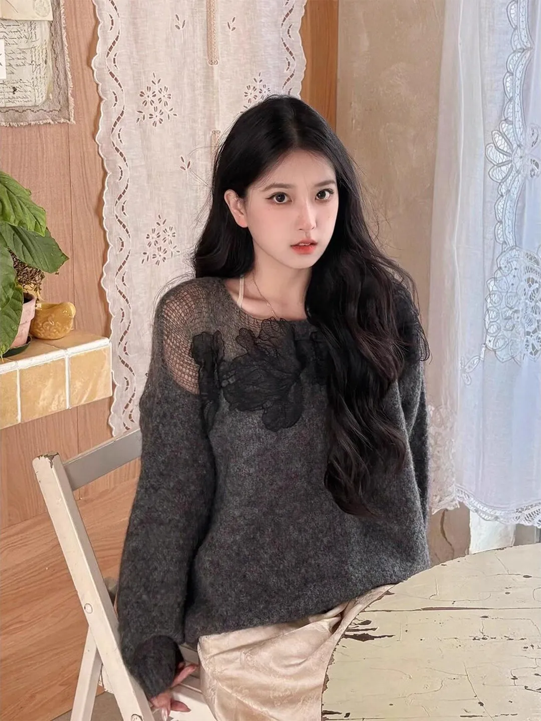 

Женский вязаный свитер Ele ey с кружевными вставками, длинными рукавами, уникальный, красивый, свободного кроя, с круглым вырезом и цветочным узором.