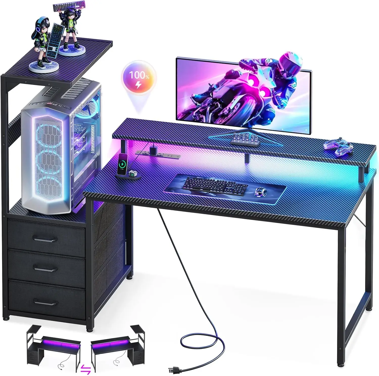 

52 Inch Gaming Desk with USB Charging Ports & LED Light - Reversible Computer Desk with 3 Fabric