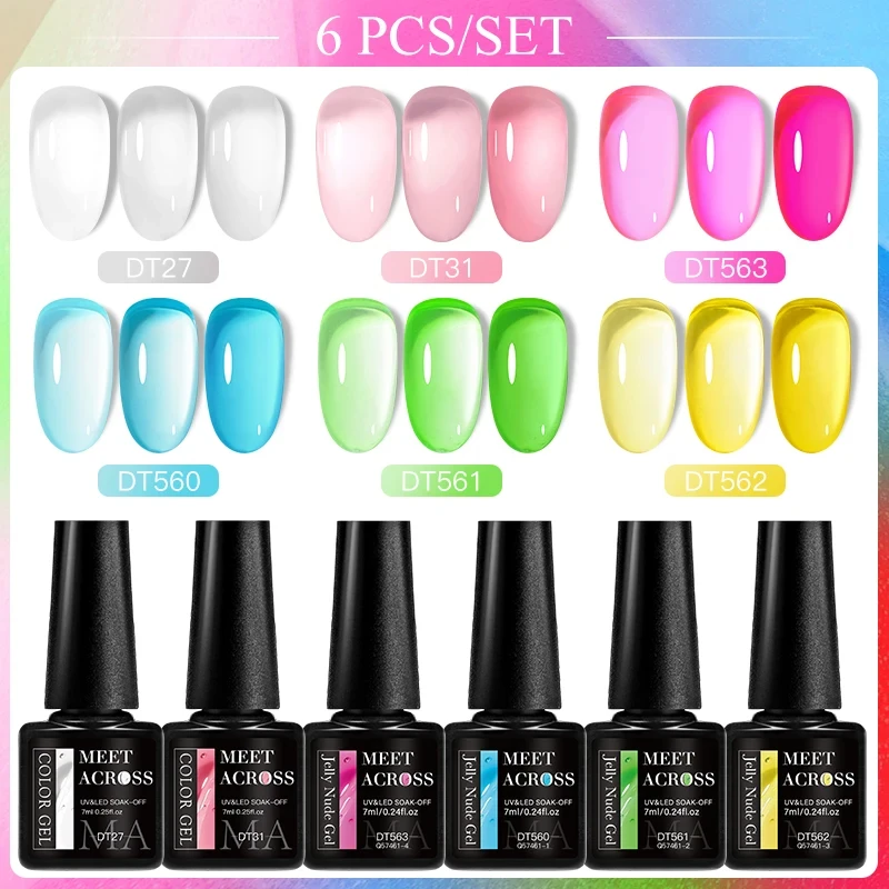 

MEET ACROSS 6PCs/SET Jelly Sea Glass Nail Gel Polish Set 7ML Sea Blue Jelly Gel Polish Semi-Transparent Soak Off UV LED Nail Gel