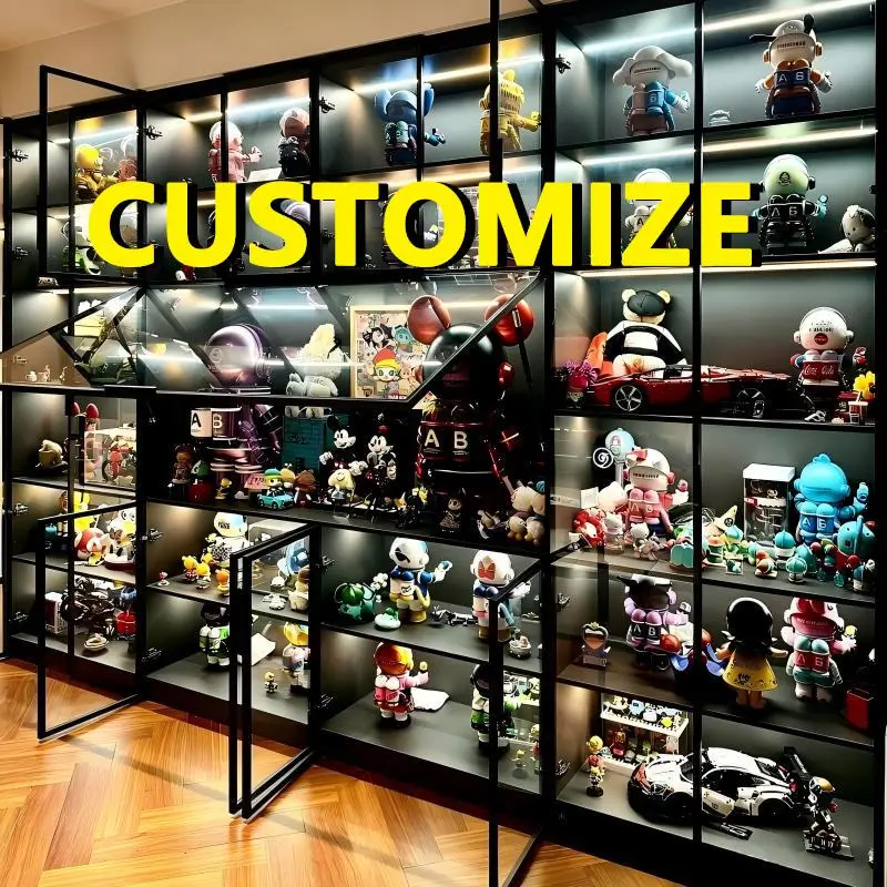 Any Size Custom Living Room Display Cabinet Tempered Glass LED Light Large Capacity Aluminum Frame Dust Home Storage Furniture