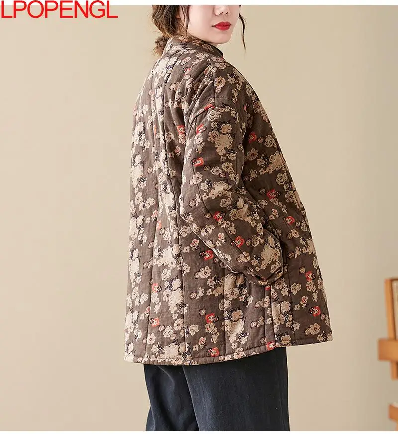 2023 Winter Floral Cotton Clothes Stand Collar Loose Warm Jacket Quilted Thick Printing Woman Single Breasted Wide-waisted Coats