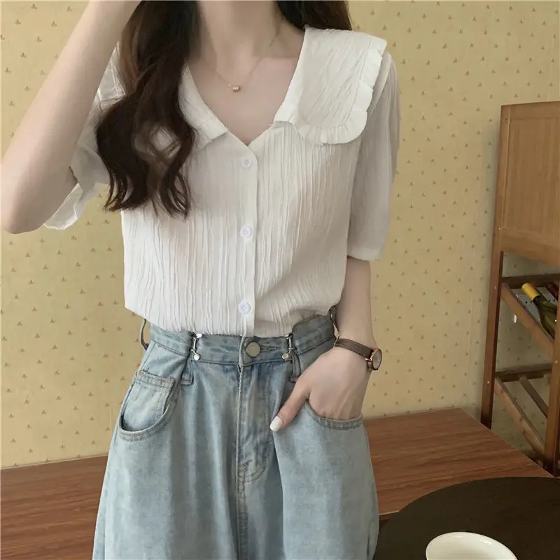 Button Shirts and Blouses Korea Short Sleeve Top Women 2024 Summer Sweet Blouses Elegant Solid Sweet Peter Pan Collar Clothes