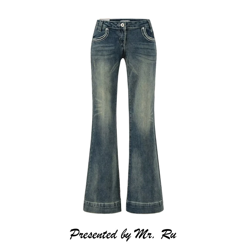 

Retro Flared Low Waist Women's Jeans Distressed Design Loose Floor-Length Pants Vintage Style Casual Trousers