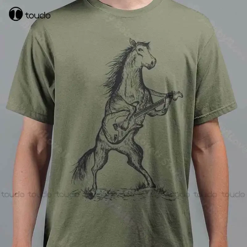 New Rock Horse Playing Guitar T Shirt Funny Animal Vintage Women'S Guitarist Music Tee Shirts For Teens Cotton Tee Xs-5Xl Unisex