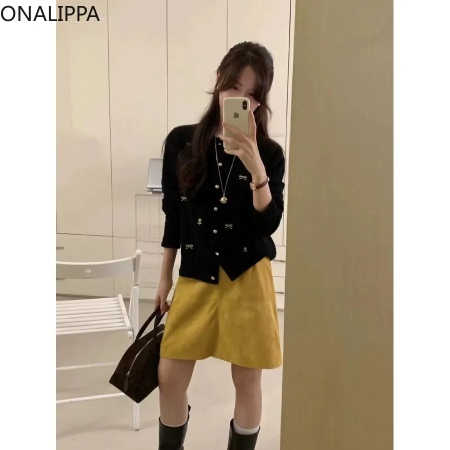 Onalippa Bows Embroidery Knitted Cardigan Women Sweet O Neck Single Breasted Loose Sweater Korean Chic Design Kawaii Cardigans