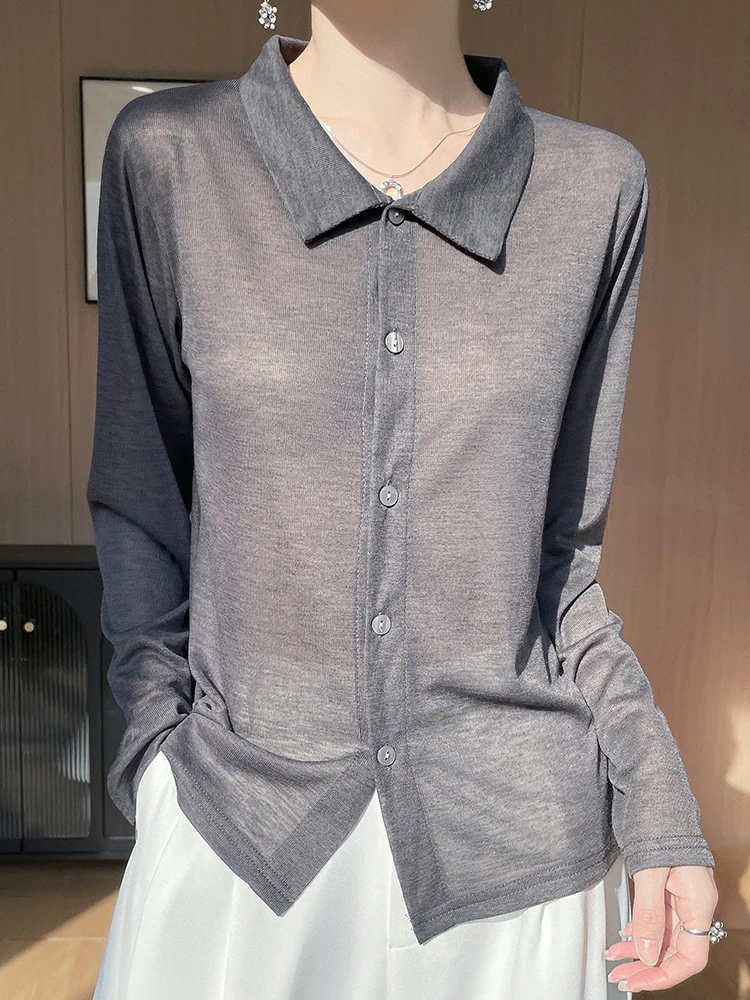 2025 New Spring Summer Fine Spun Thin knitted Shirt Long Sleeve Top Lapel Neck Knitted Women'  Clothes Fashion Elegant Soft Top