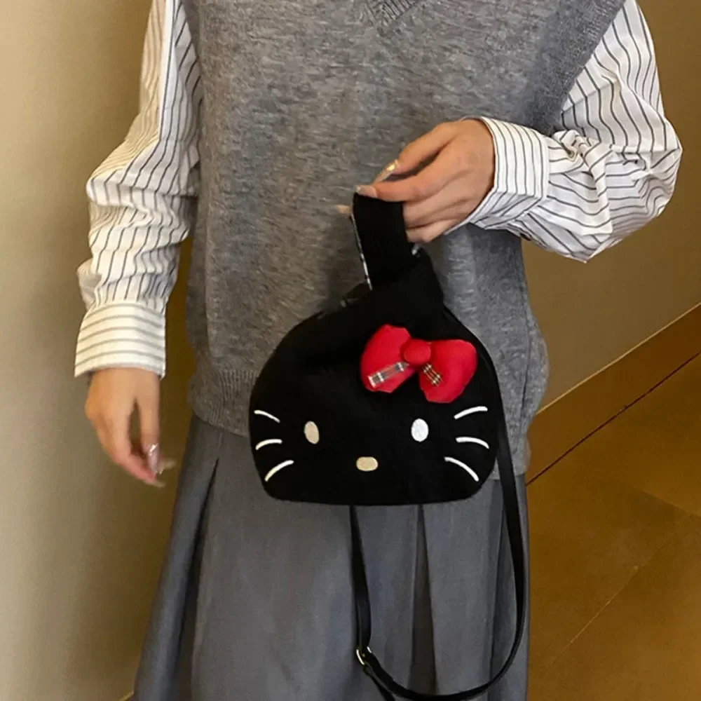 Nuevo bolso de mano de Hello Kitty Miniso, bolso de hombro con lazo bordado de felpa, Mini cesta de verduras de mano de fieltro de dibujos animados, regalos