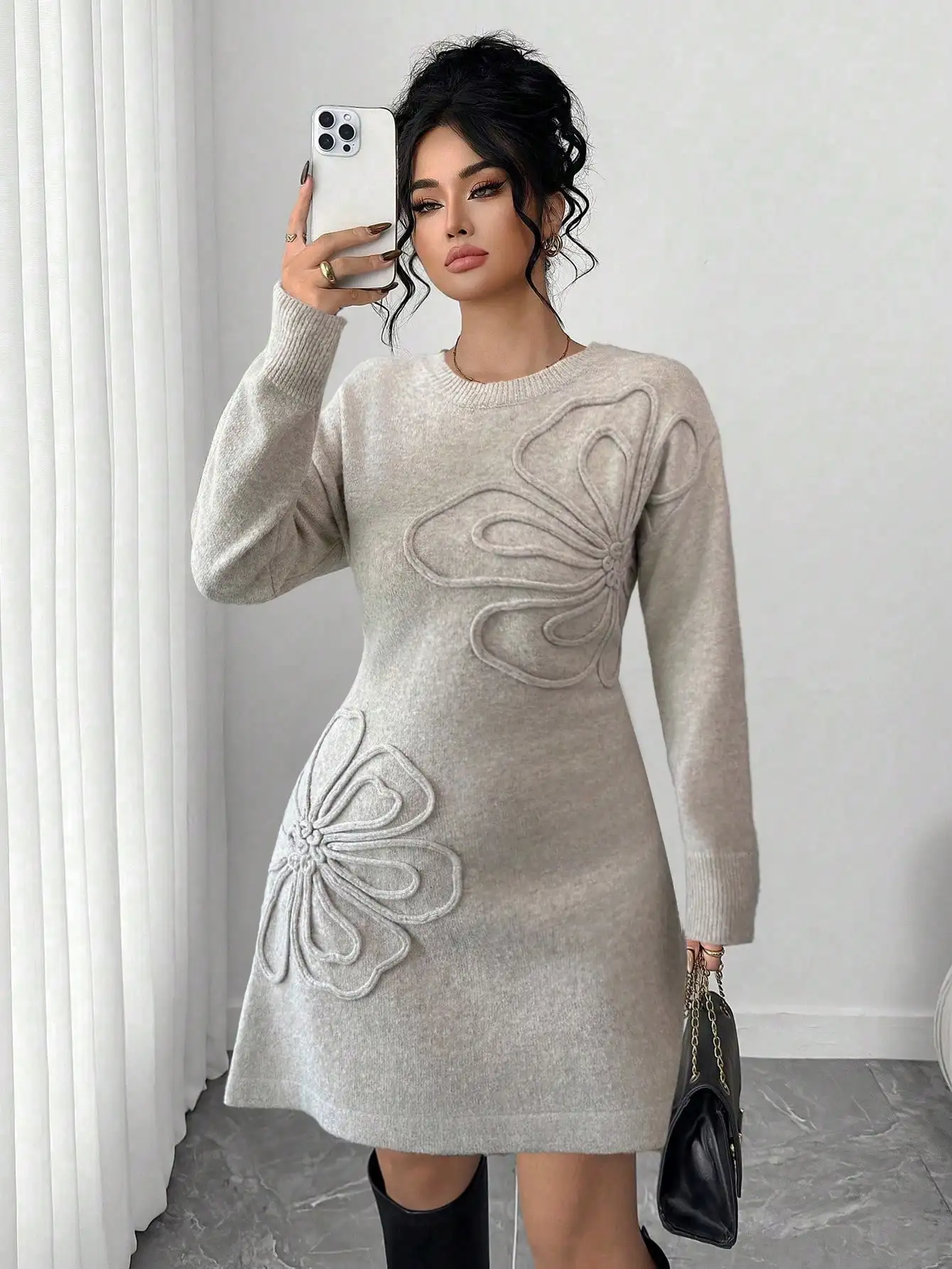 

Women's Knitted Sweater Dress with 3D Floral Embossing, Crew Neck, A-Line Mini