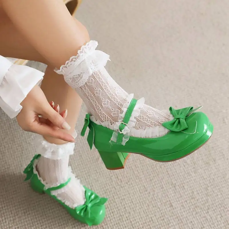 ORCHALISA Lolita Pumps Women Round Toe Block Heel 5cm Platform 1.5cm Buckle Strap Bowknot Lace Sweet Girls Shoes Big Size 48 image 3