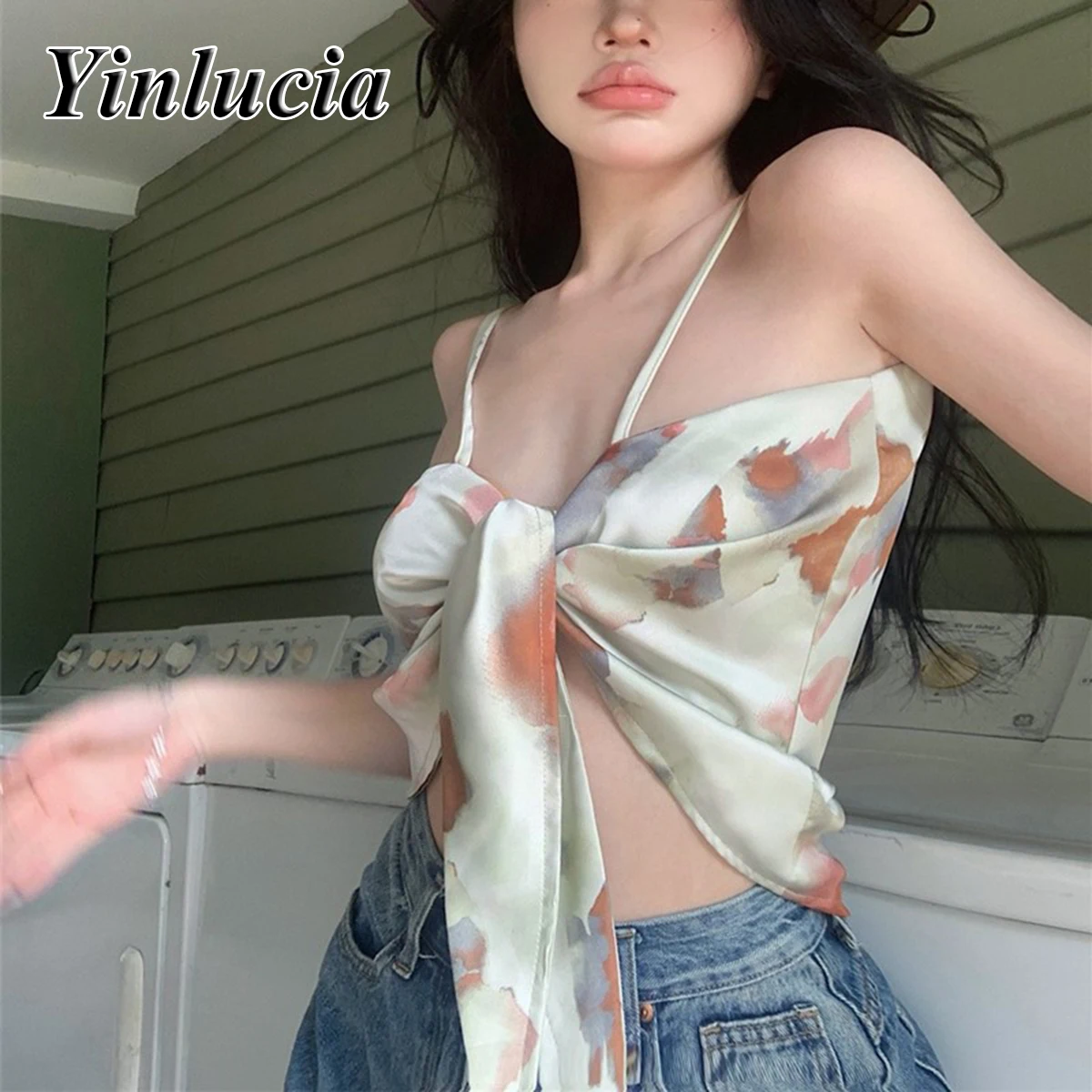 Sexy Sweet Spicy Girl Triangle Scarf Women's Vest Strap Top Sling Tie Dye Satin Suspender Shining Nightclub Hot Summer New