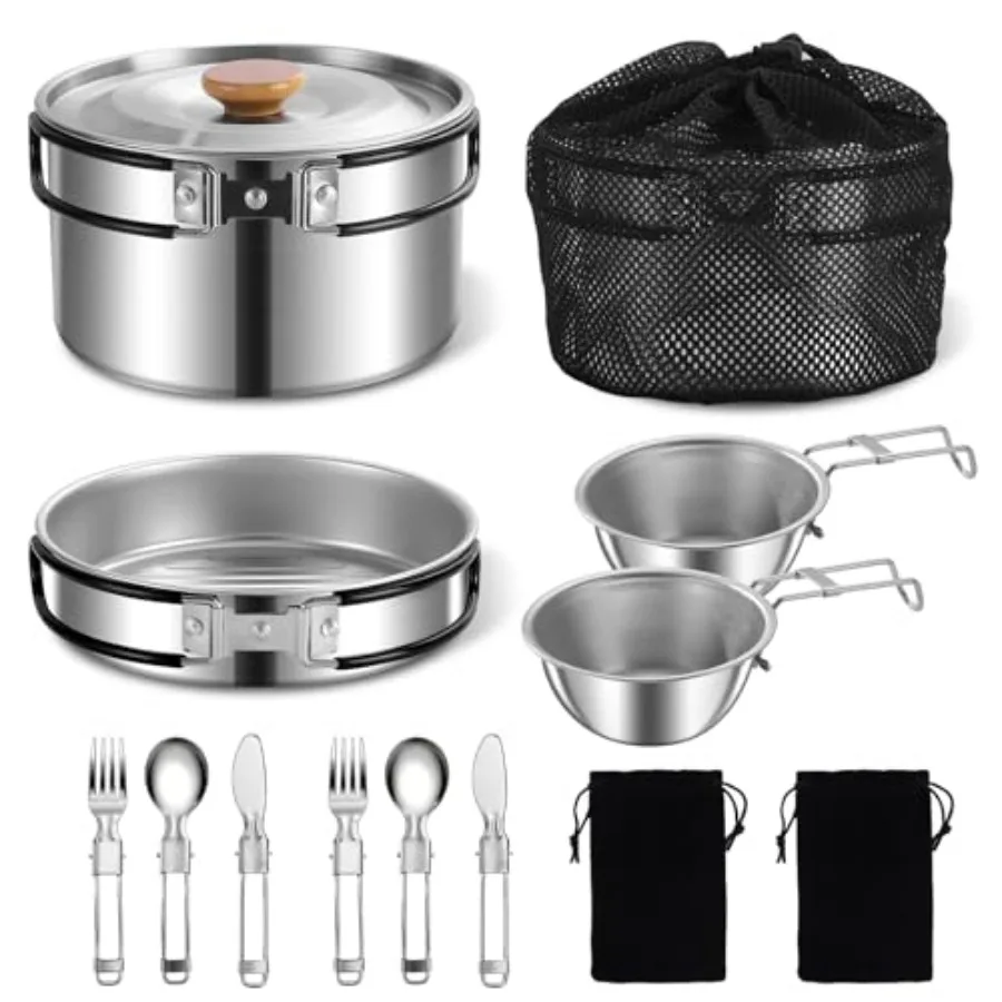 

11Pcs Camping Cookware Set Portable Camping Essentials with Accessories Stainless Steel Lightweight Nonstick Pots Pans Bowls an