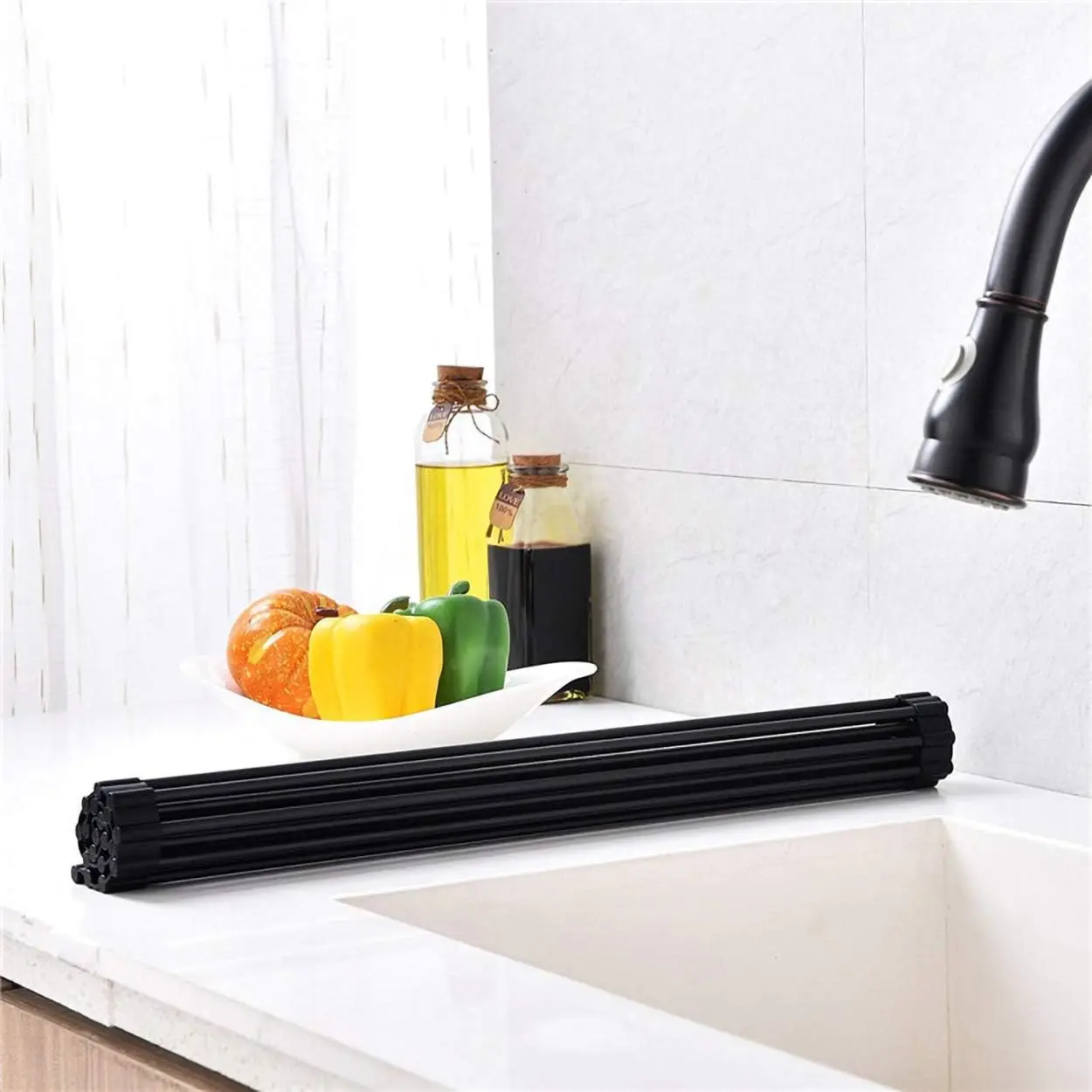 Silicone Rubber Roller Shutter Sink Water Filter Rack, Bowl, Plate Chopstick Storage Rack, Foldable Kitchen Water Draining Rack
