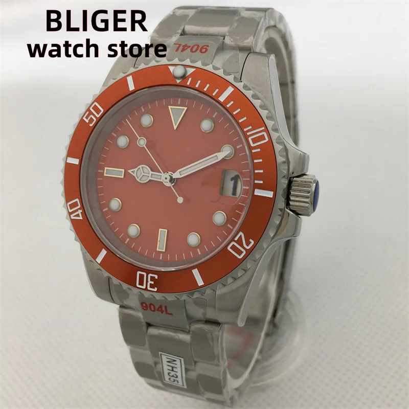 BLIGER 40mm Sapphire Glass Ceramic Bezel Orange Dial Green Luminous NH35 Automatic Fashionable diving watch For Men's