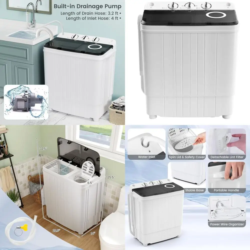 

Компактная портативная стиральная машина с двумя баками, загрузка 11 фунтов, отжим 6,6 фунтов, серая.