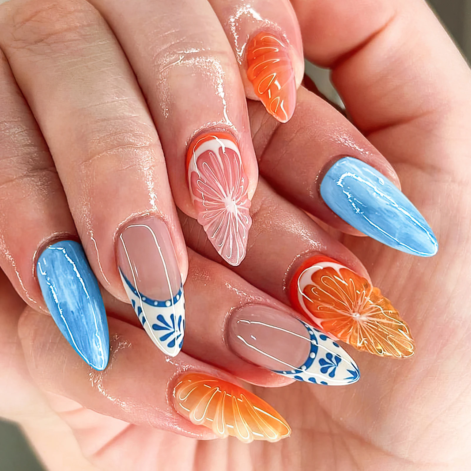 New Hot Blue Orange Almond Press on Nails Chip-Proof Smudge-Proof Fake Nails for Stage Performance Wear