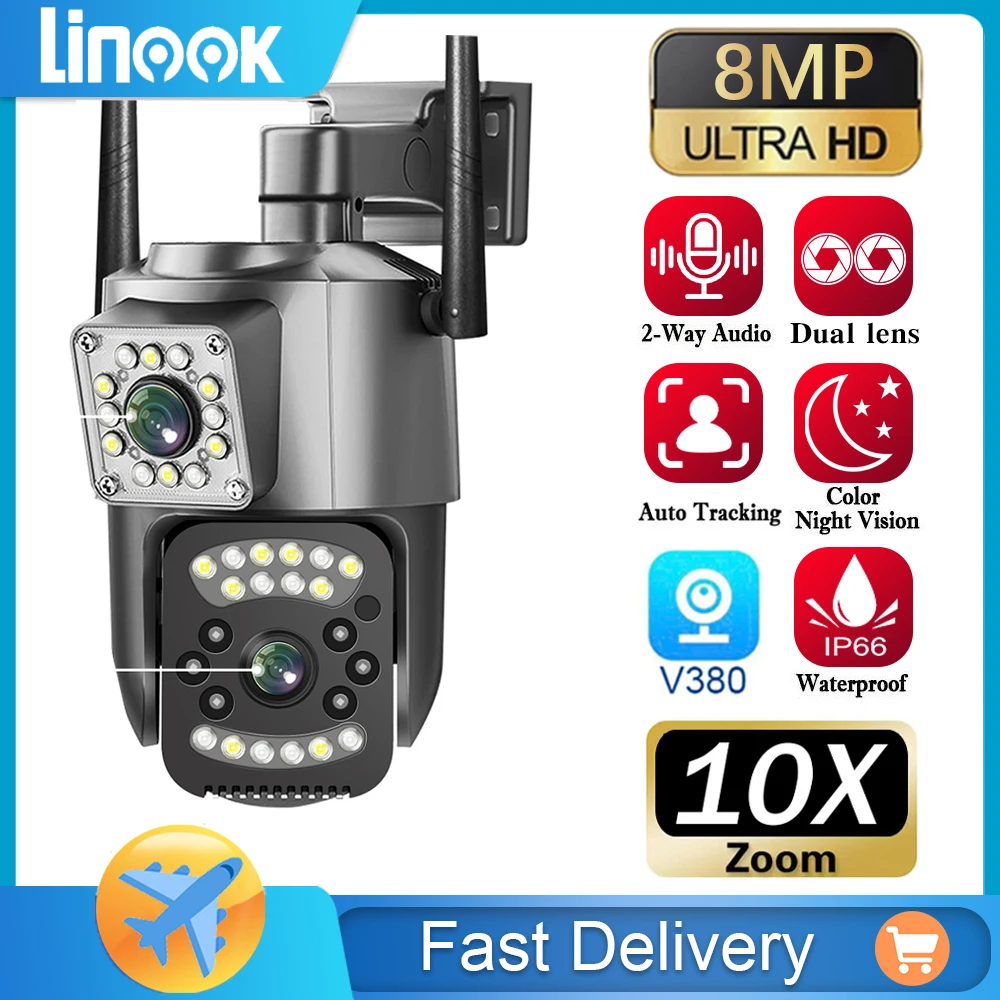 Linook V380 8MP 4K, PTZ 10X Zoom dual lens wireless CCTV camera, IP security camera WIFI, CCTV outdoor waterproof WIFI